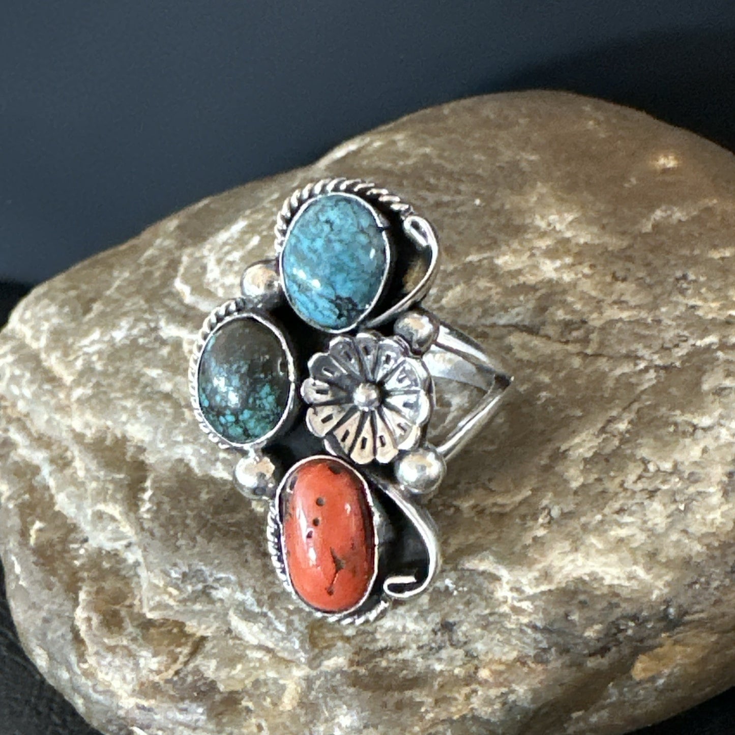 Multicolor Ring Turquoise Coral Spiny Navajo Sterling Silver Cluster Sz 10 19194