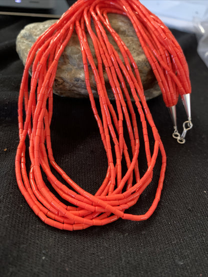 Red Coral Stabilized Heishi 10 Strands Sterling Silver Necklace 20” 14817