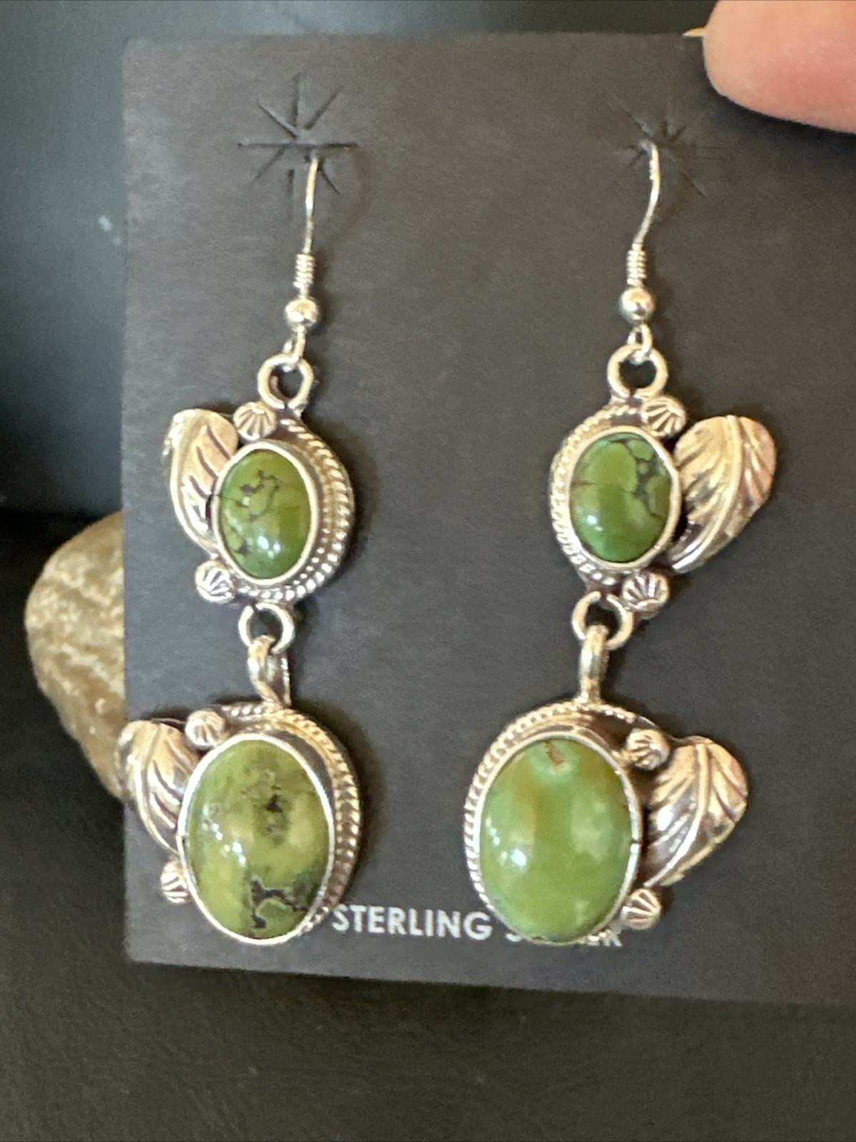 Native Navajo Green Turquoise Sterling Silver Dangle Earrings 2” 17699