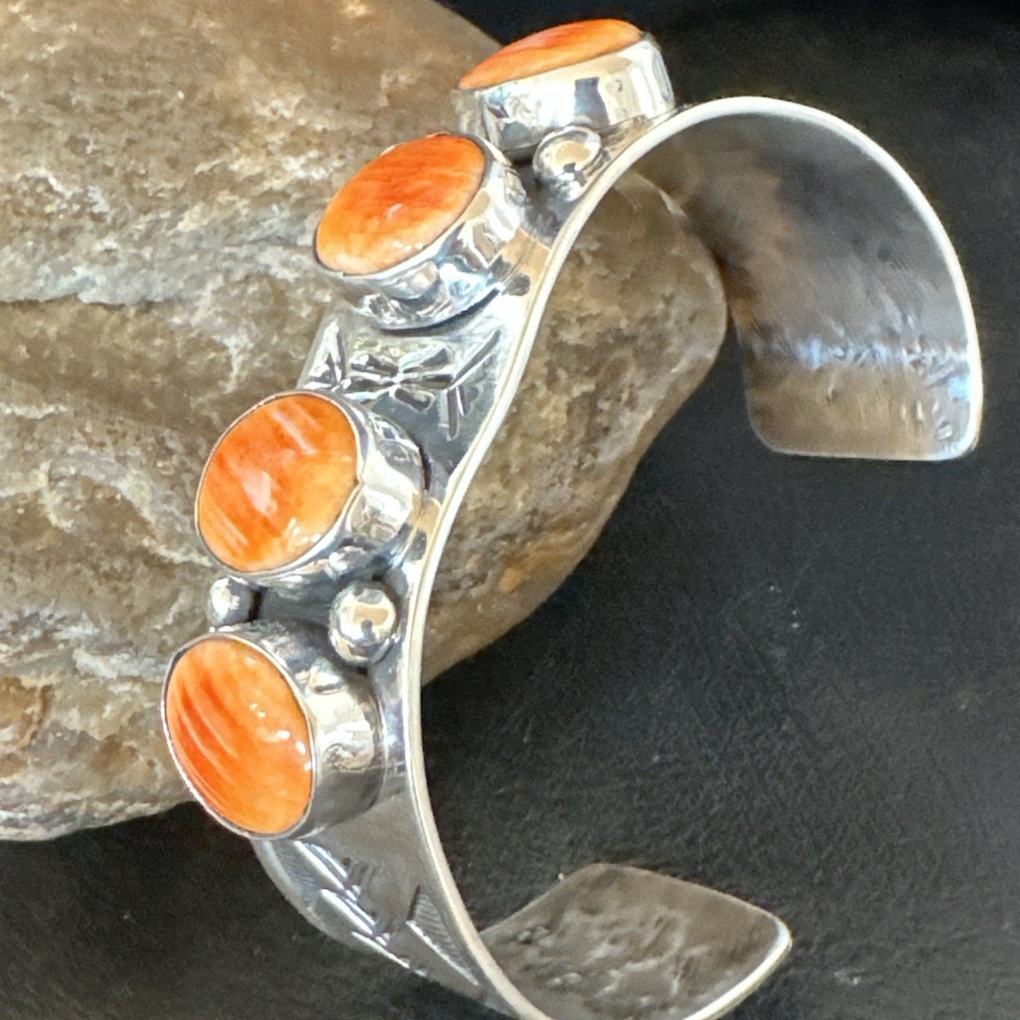 Orange Spiny Oyster 4 Stone Row Sterling Silver Navajo Cuff Bracelet 7.7" 19476