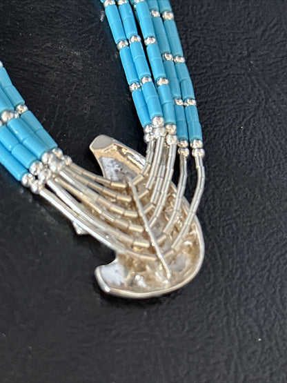 Bear Pendant Turquoise 5 Strand Heishi Liquid Sterling Silver Necklace 14822
