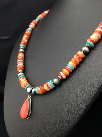 Spiny Oyster Pendant Turquoise Navajo Sterling Silver Necklace 19" 4522