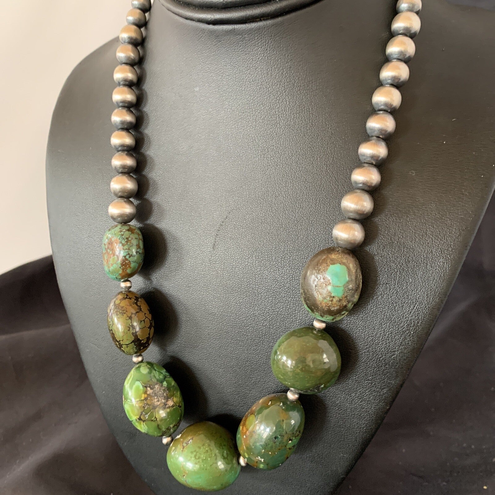Chunky Navajo Spider Web Green Turquoise Sterling Silver Necklace 20" 11762