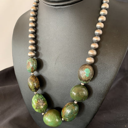Chunky Navajo Spider Web Green Turquoise Sterling Silver Necklace 20" 11762