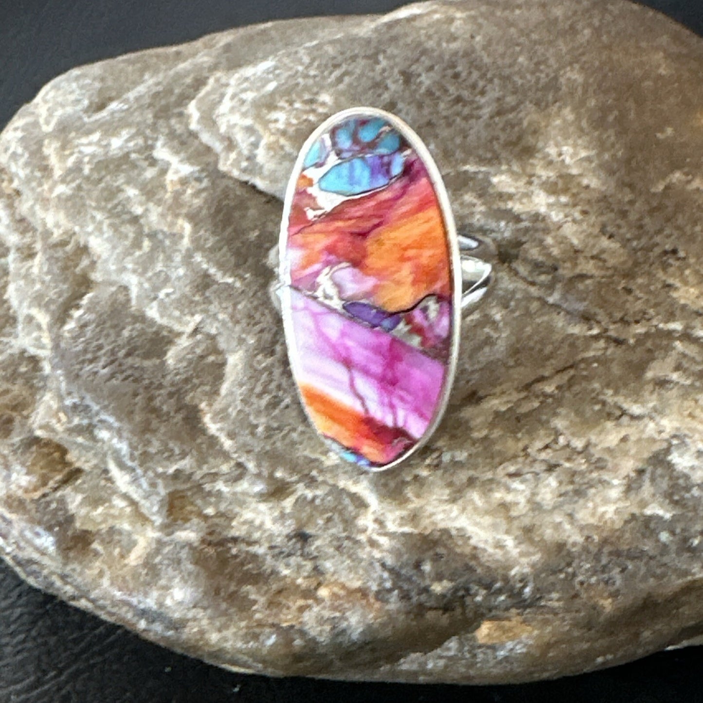 Blue Turquoise Spiny Oyster Southwestern Sterling Silver Ring Size 7 18493