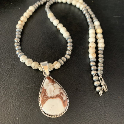 Navajo Pearls Sterling Silver Wild Crazy Horse Turquoise Necklace Pendant 13905
