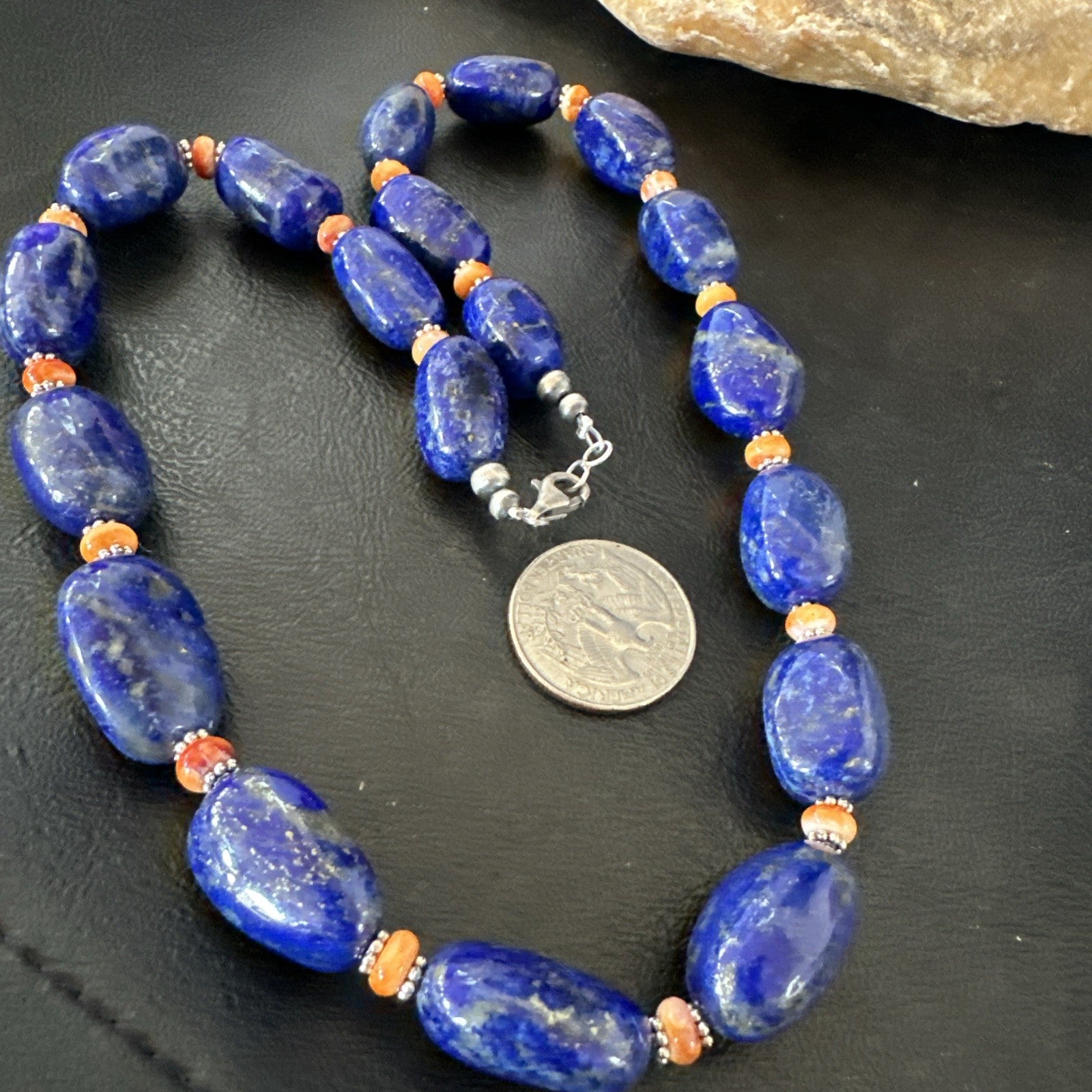 Blue Lapis Orange Spiny Chunky Southwestern Sterling Silver Necklace 20” 19258
