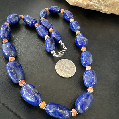 Blue Lapis Orange Spiny Chunky Southwestern Sterling Silver Necklace 20” 19258