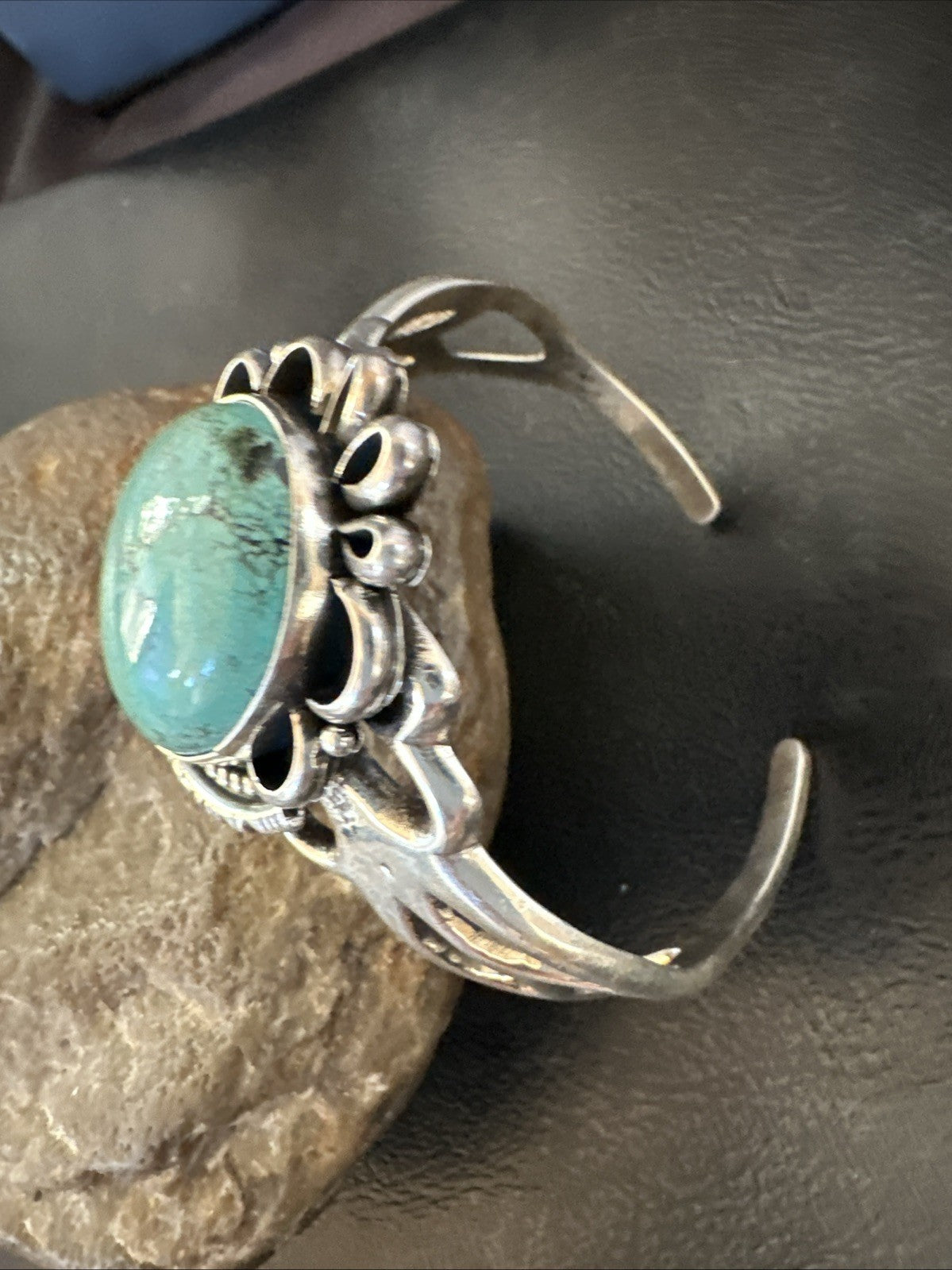 Yazzie Mens Blue Turquoise Navajo Sterling Silver Tufa Cast Cuff Bracelet 19694