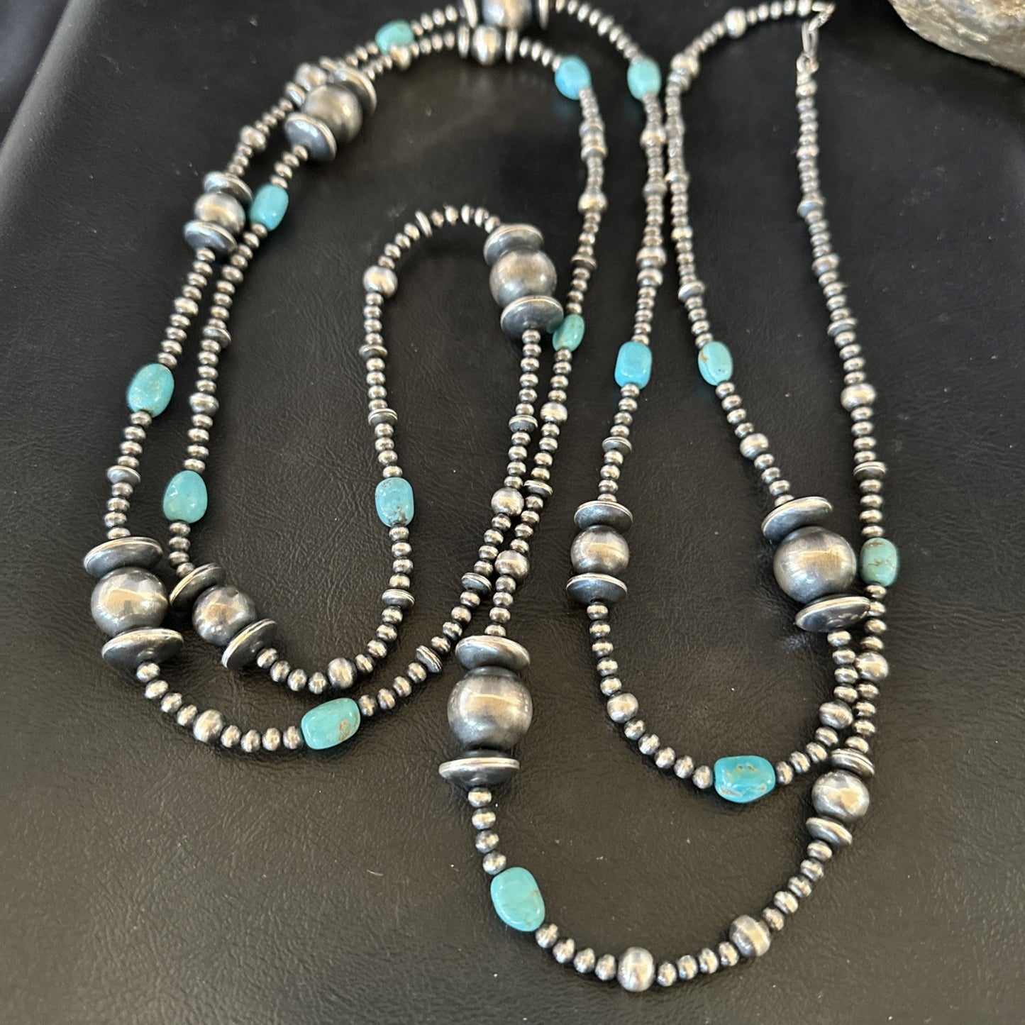 Native Navajo Sterling Silver Beads Blue Turquoise 72 in Necklace 19117
