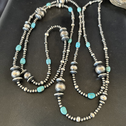Native Navajo Sterling Silver Beads Blue Turquoise 72 in Necklace 19117