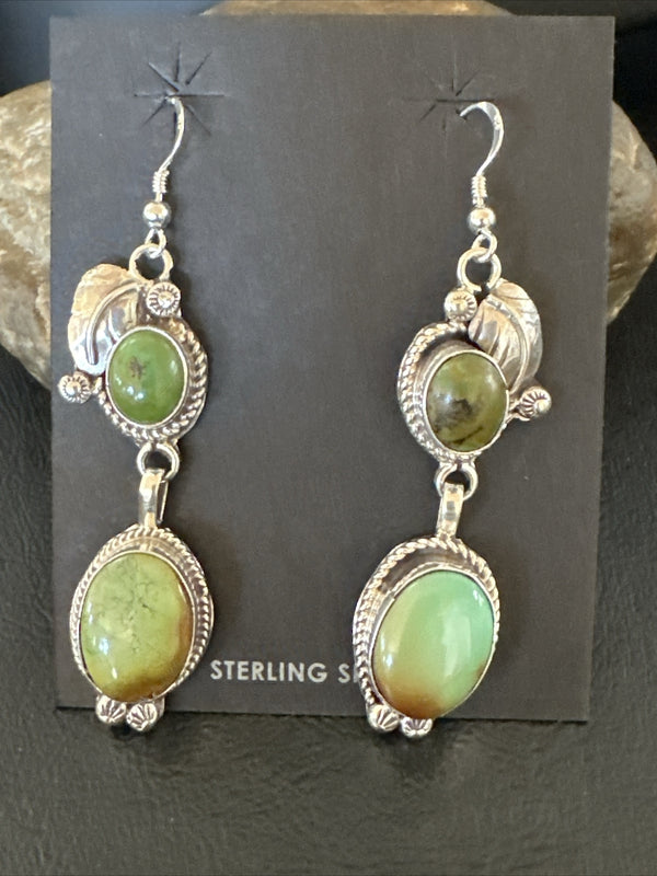Navajo Green Turquoise Dangle Earrings 2" | Sterling Silver | Authentic Native American Handmade | 17700