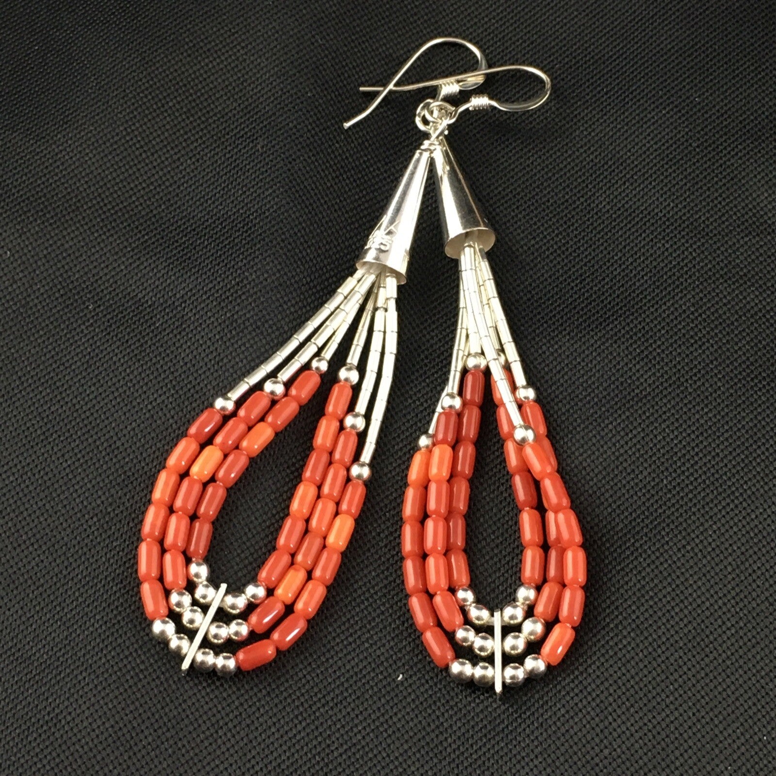Red Coral 3 Strands Heishi Liquid Sterling Silver Dangle Earrings 1977