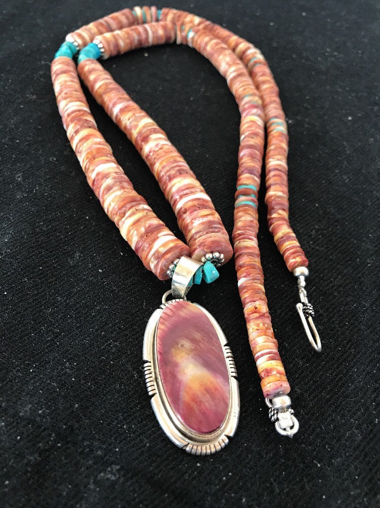 Native Navajo Sterling Silver Turquoise Spiny Oyster Bead Necklace Pendant 10040