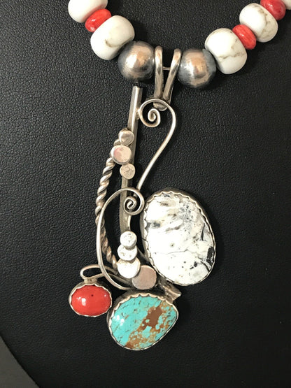 Blue Turquoise Spiny Oyster Pendant Pearls Sterling Beads Silver Necklace 8644