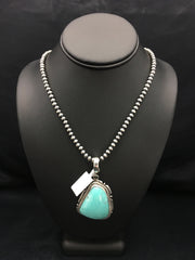 Men's Blue Turquoise Pendant Navajo Pearls Necklace | Sterling Silver | Authentic Native American Handmade | 03915