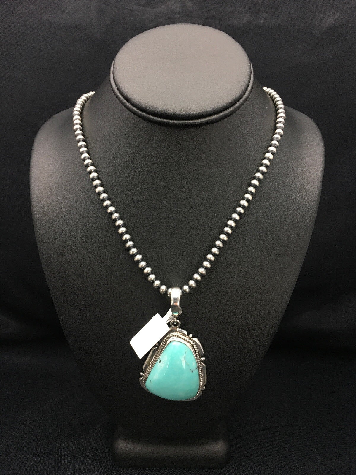Mens Blue Turquoise Pendant Navajo Pearls Sterling Silver Necklace 03915