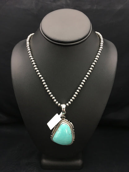 Mens Blue Turquoise Pendant Navajo Pearls Sterling Silver Necklace 03915