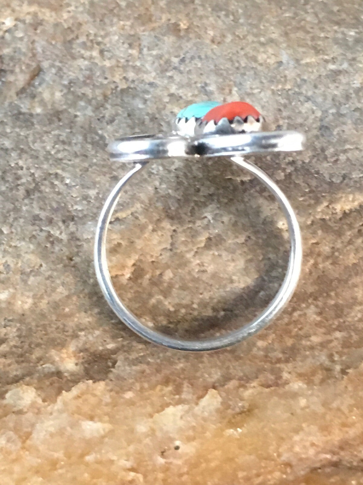 Mens Turquoise & Coral Navajo Sterling Silver Ring Size 6.5 08714