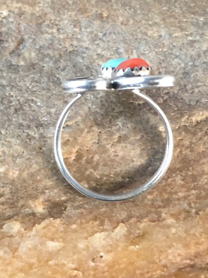Mens Turquoise & Coral Navajo Sterling Silver Ring Size 6.5 08714