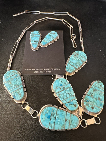 Inlay Kingman Turquoise Sterling Silver Lariat Necklace Pendant Earrings 19075