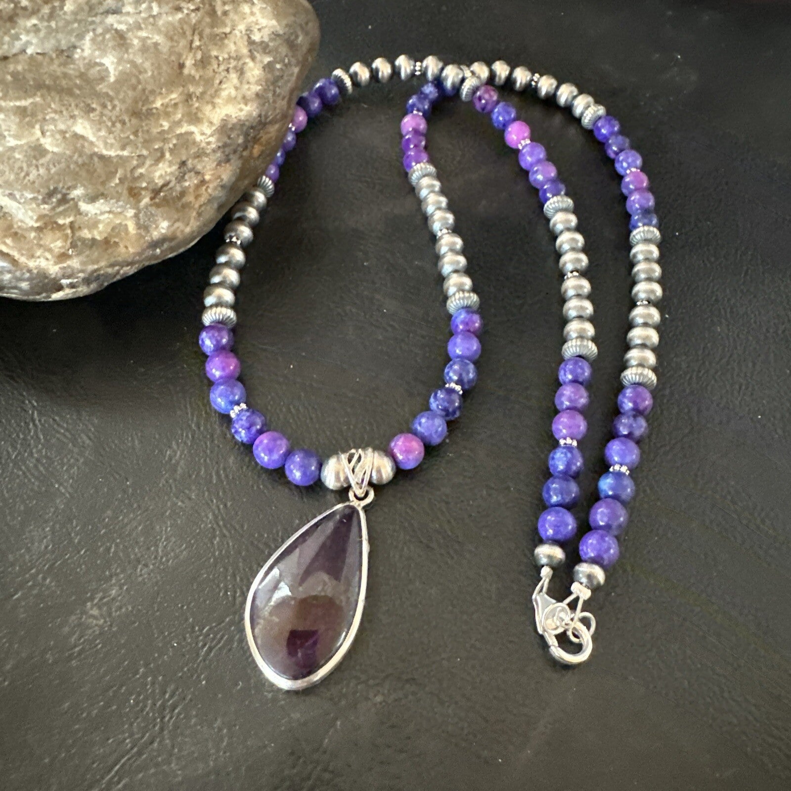 Purple Stone Pendant Navajo Pearls Sterling Silver Necklace 23" 17893