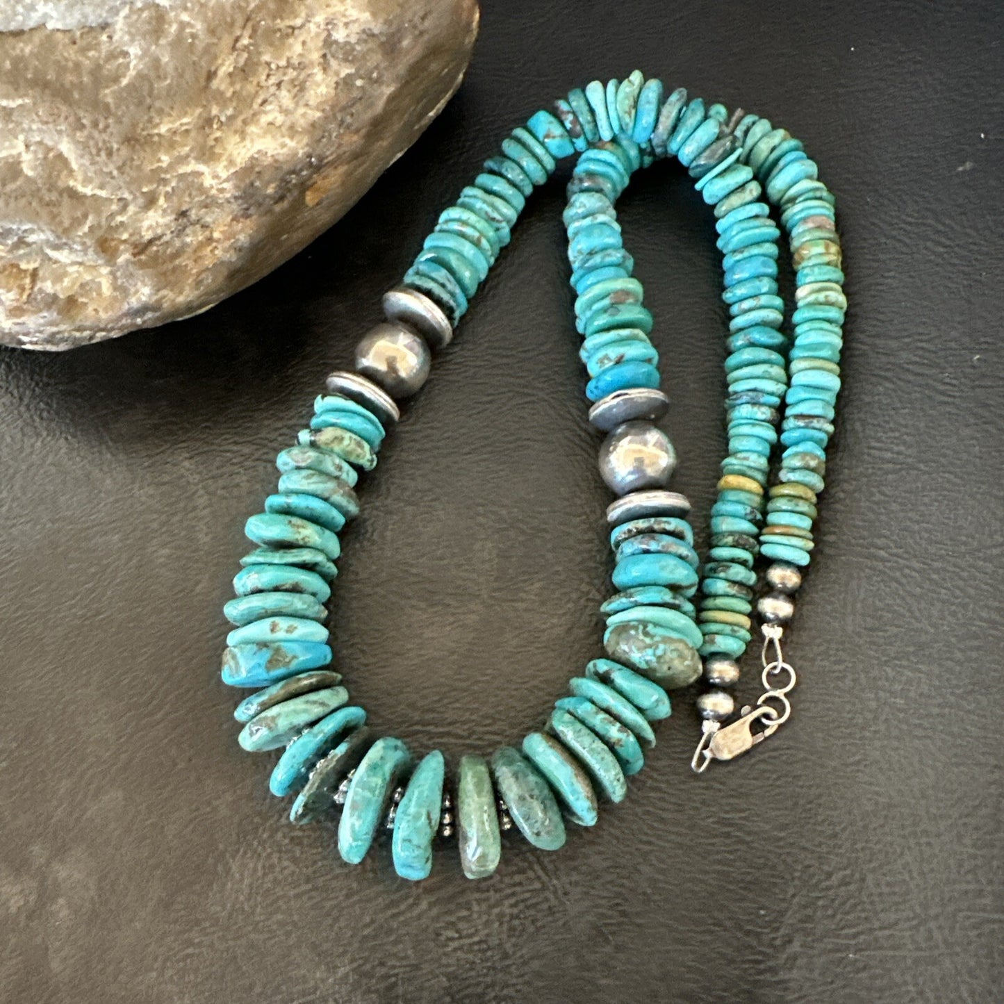 Graduated Blue Turquoise Navajo Pearls Sterling Silver Necklace 18” 18319