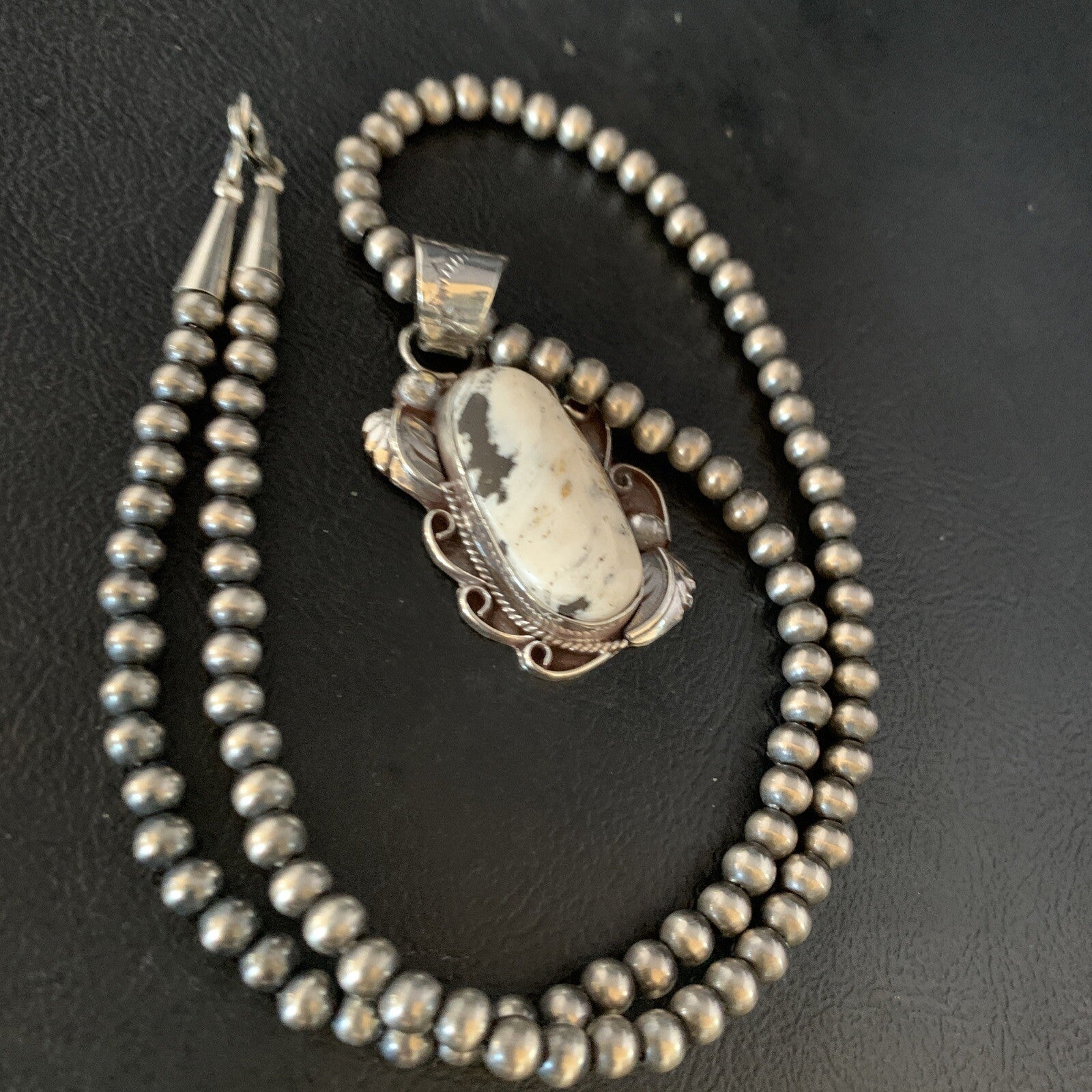 Mens Sterling Silver Beads White Buffalo Turquoise Necklace Pendant 20" 13666