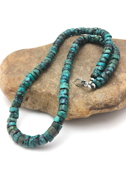 Turquoise Heishi 12 mm Beads Southwestern Sterling Silver Necklace 23” 13976