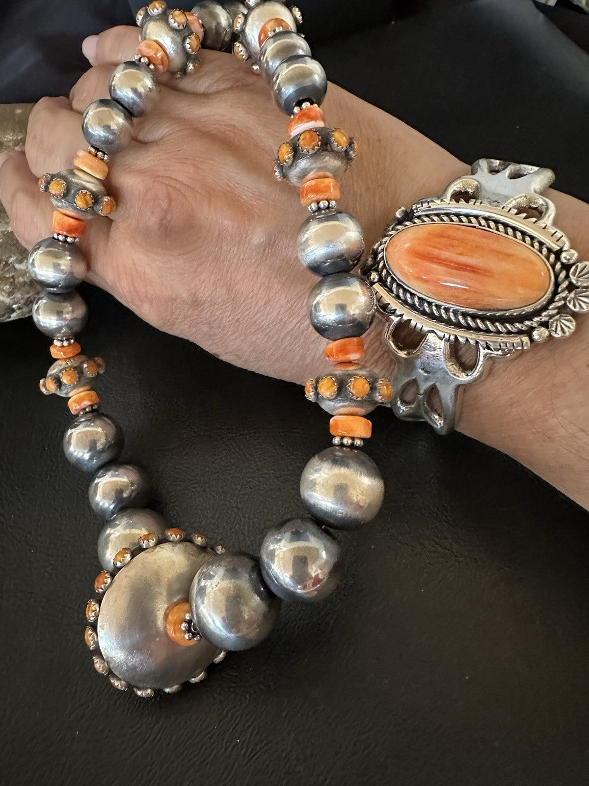 Orange Spiny Oyster Navajo Pearls Graduated Sterling Silver Necklace 23” 19446
