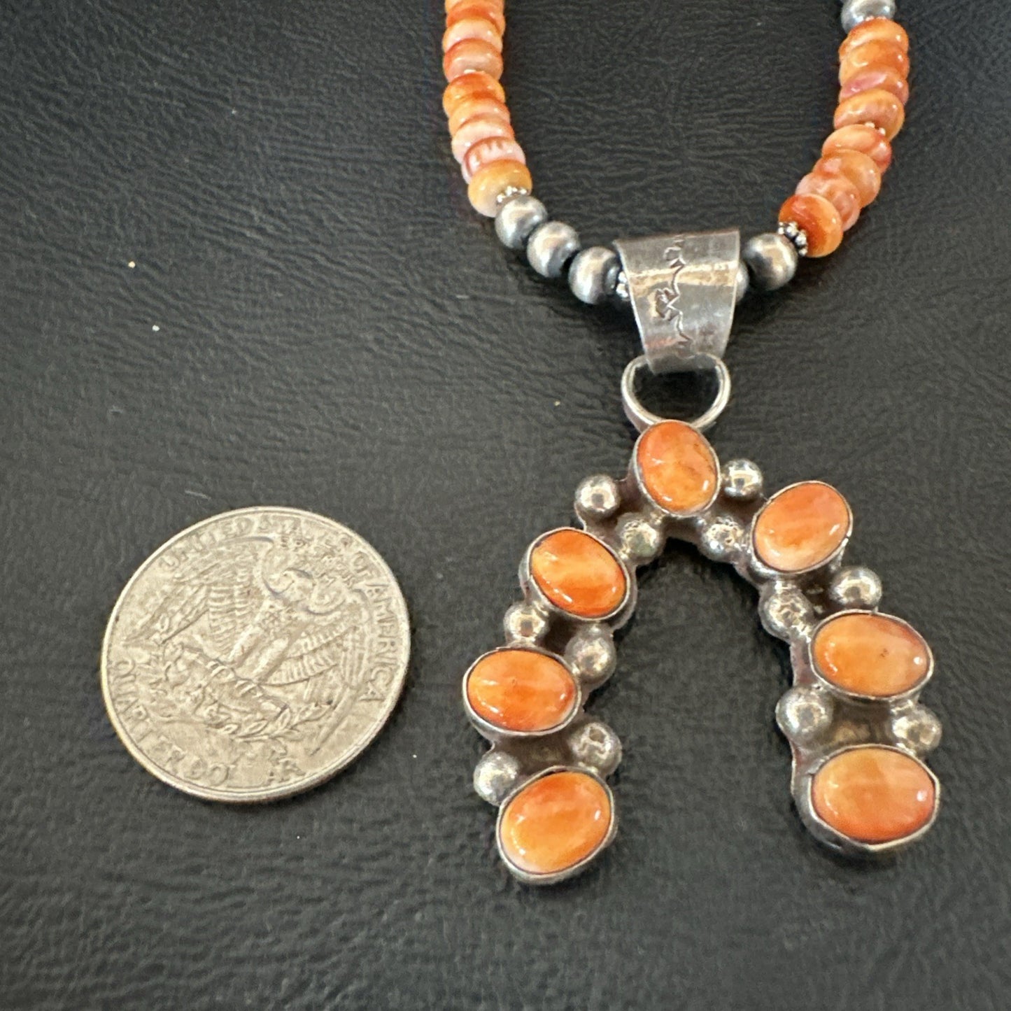 Navajo Pearls Sterling Necklace Orange Spiny Oyster Cluster Naja Pendant 19552