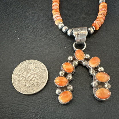 Navajo Pearls Sterling Necklace Orange Spiny Oyster Cluster Naja Pendant 19552