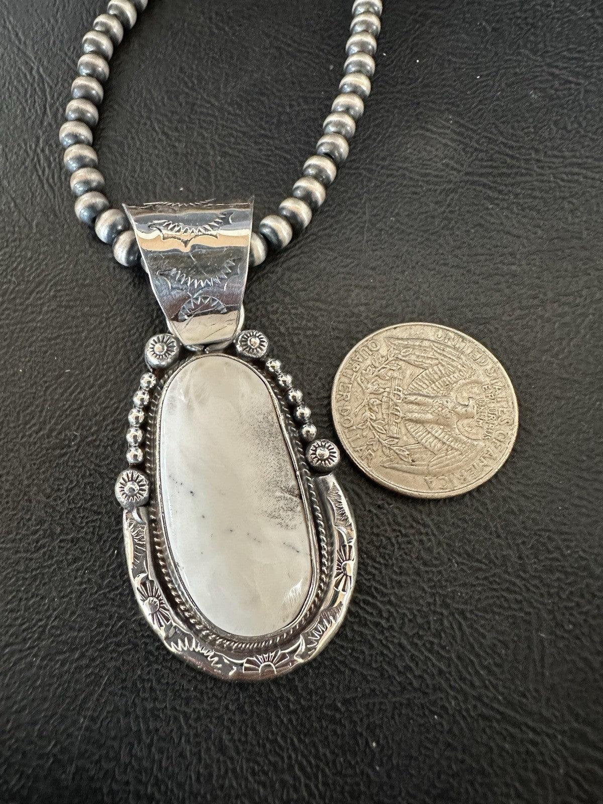 White Buffalo Turquoise Pendant Navajo Pearls Sterling Silver Necklace 19374