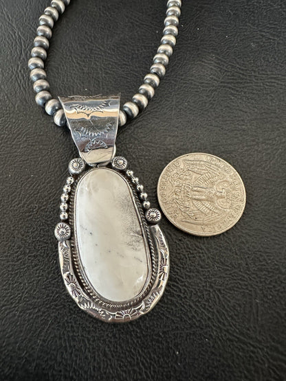 White Buffalo Turquoise Pendant Navajo Pearls Sterling Silver Necklace 19374