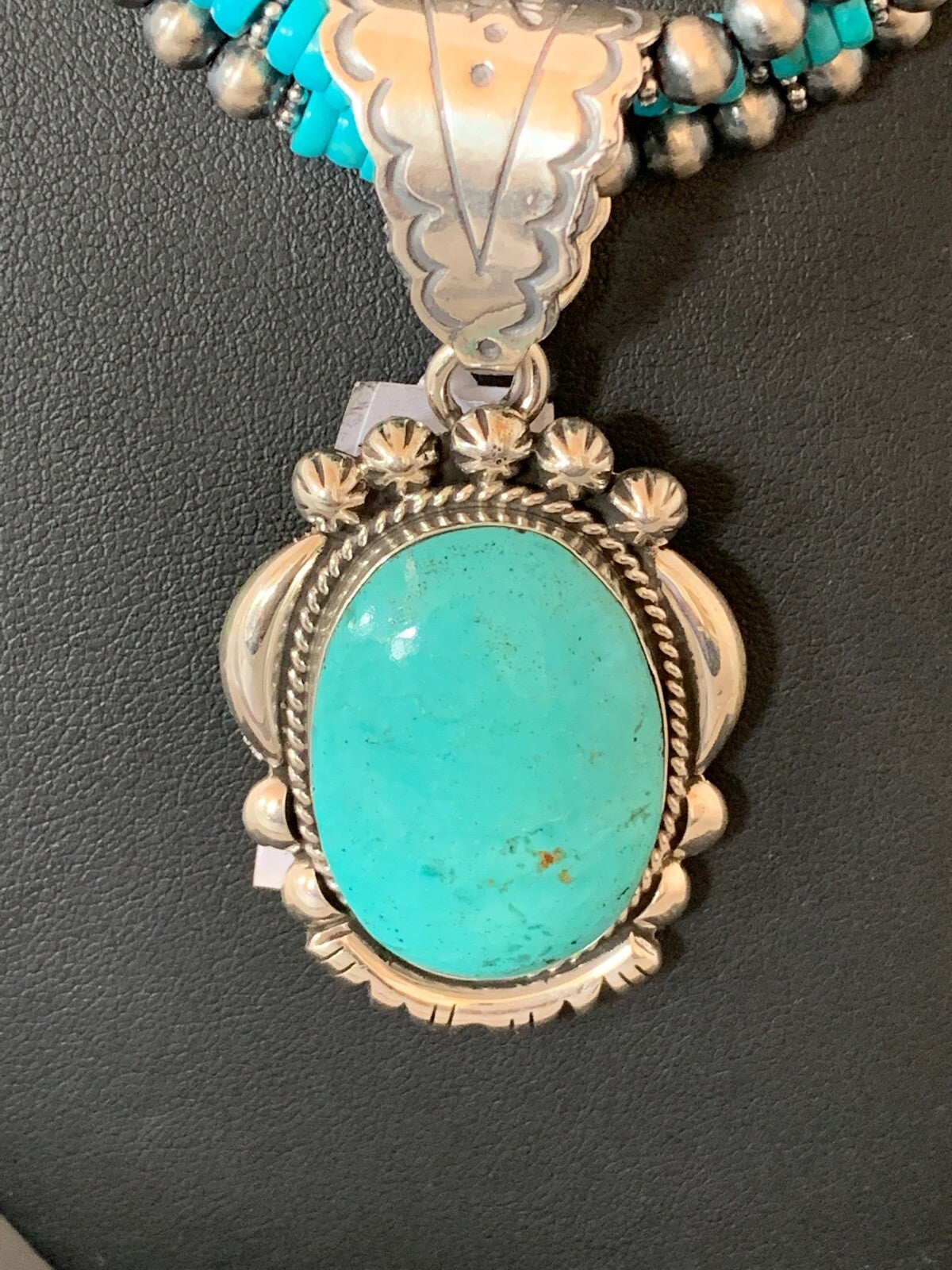 Kingman Turquoise Pendant 3 Strands Navajo Pearls Sterling Silver Necklace 03204