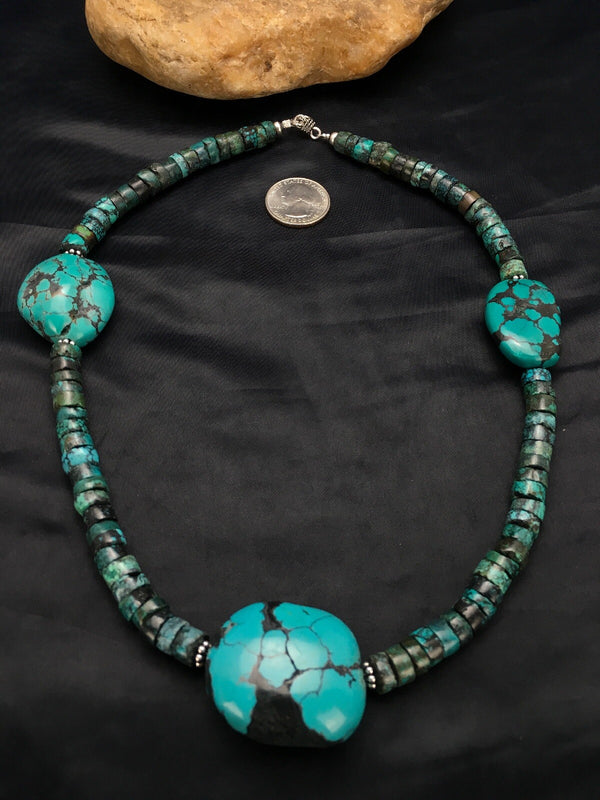 Turquoise Heishi Chunky Navajo Necklace 20" | Sterling Silver | Authentic Native American Handmade | 02959