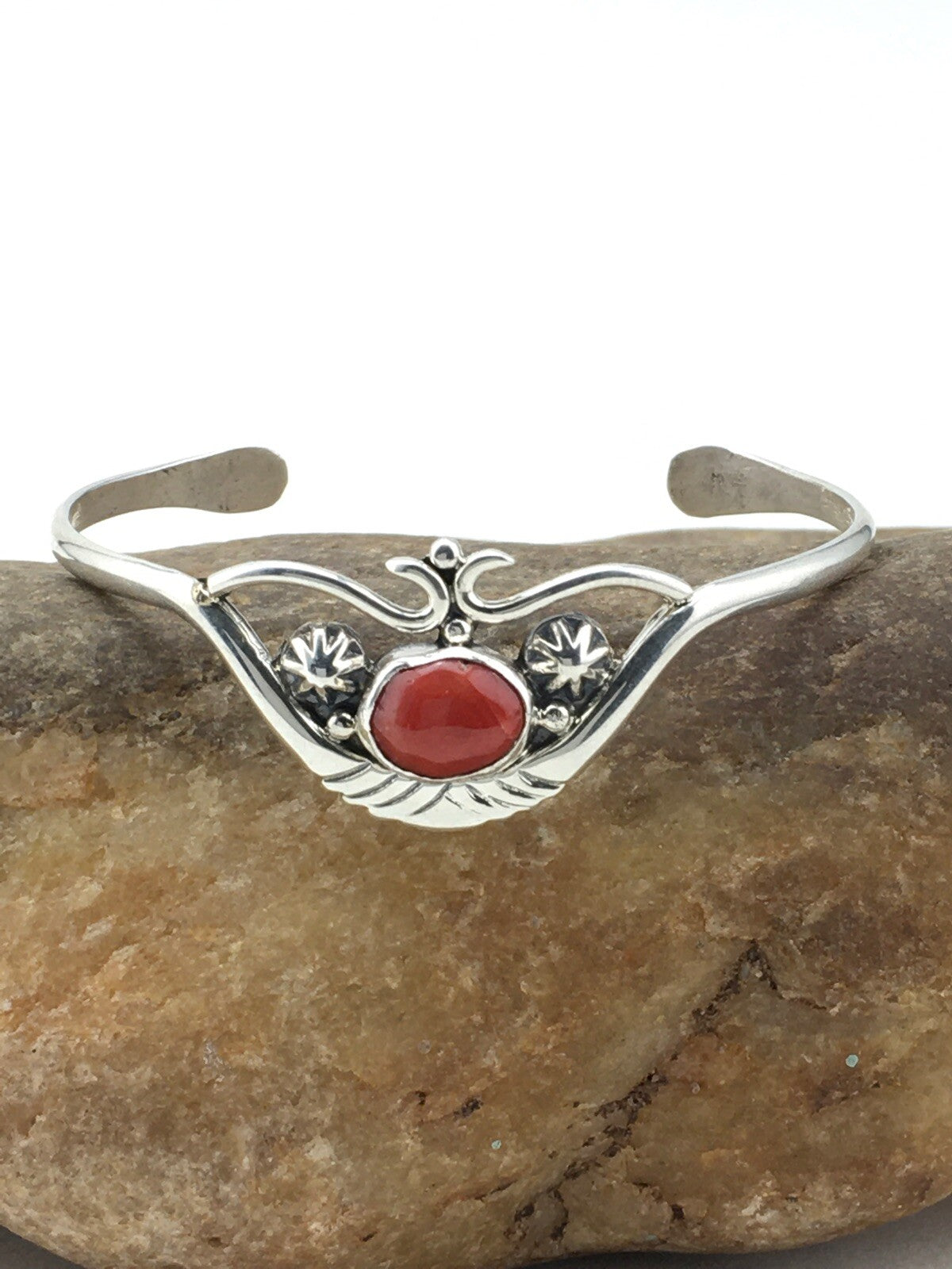 Native American Indian Coral Navajo Sterling Silver Cuff Bracelet 04747