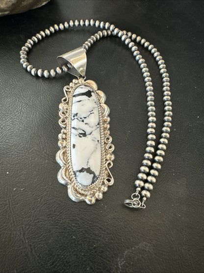 XXL White Buffalo Turquoise Pendant Navajo Sterling Silver Necklace 4" 19759