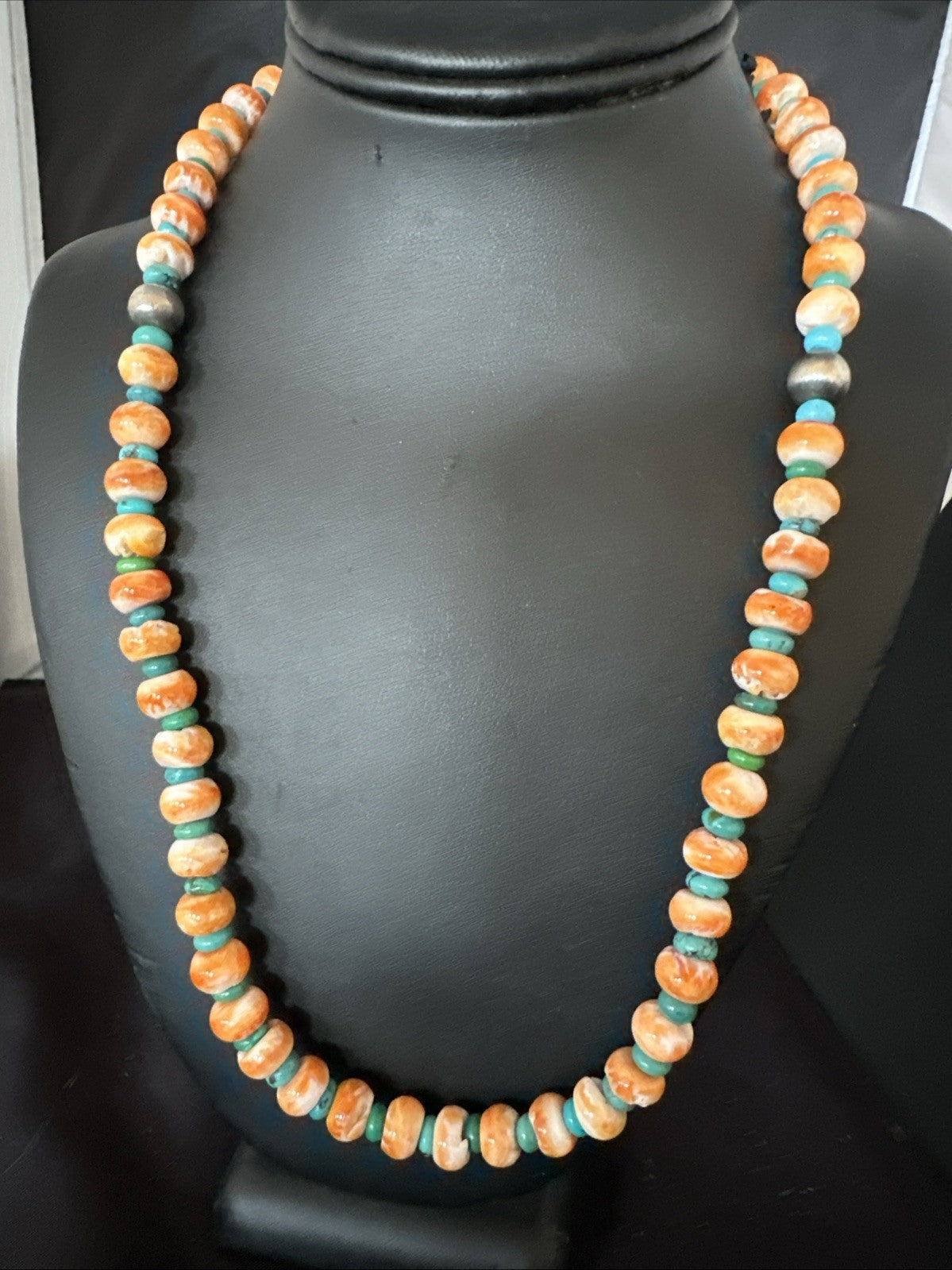 Orange Spiny Oyster Turquoise Navajo Sterling Silver Beads 22” Necklace 19164