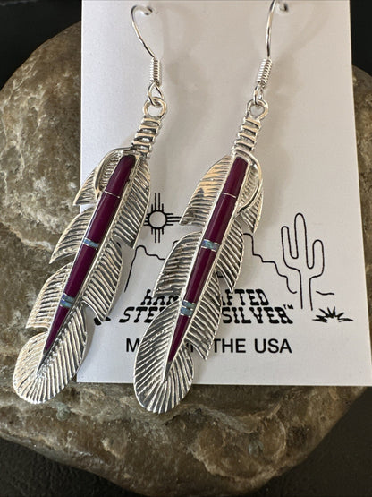 Purple Sugilite Opal Sterling Silver Handmade Inlay Feather Earrings 18694