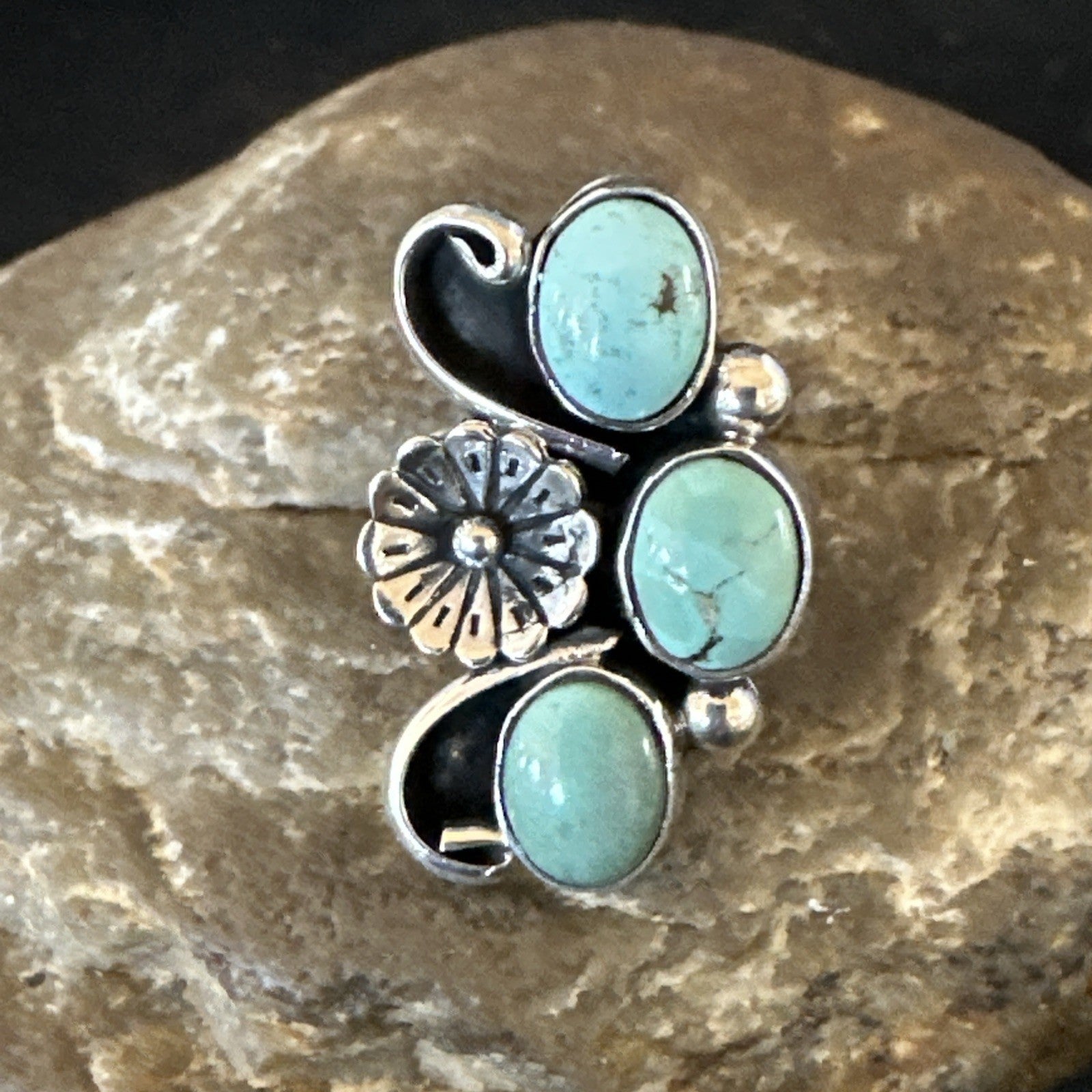 Blue Green Turquoise Navajo Sterling Silver Cluster Ring Size 8.5 19081