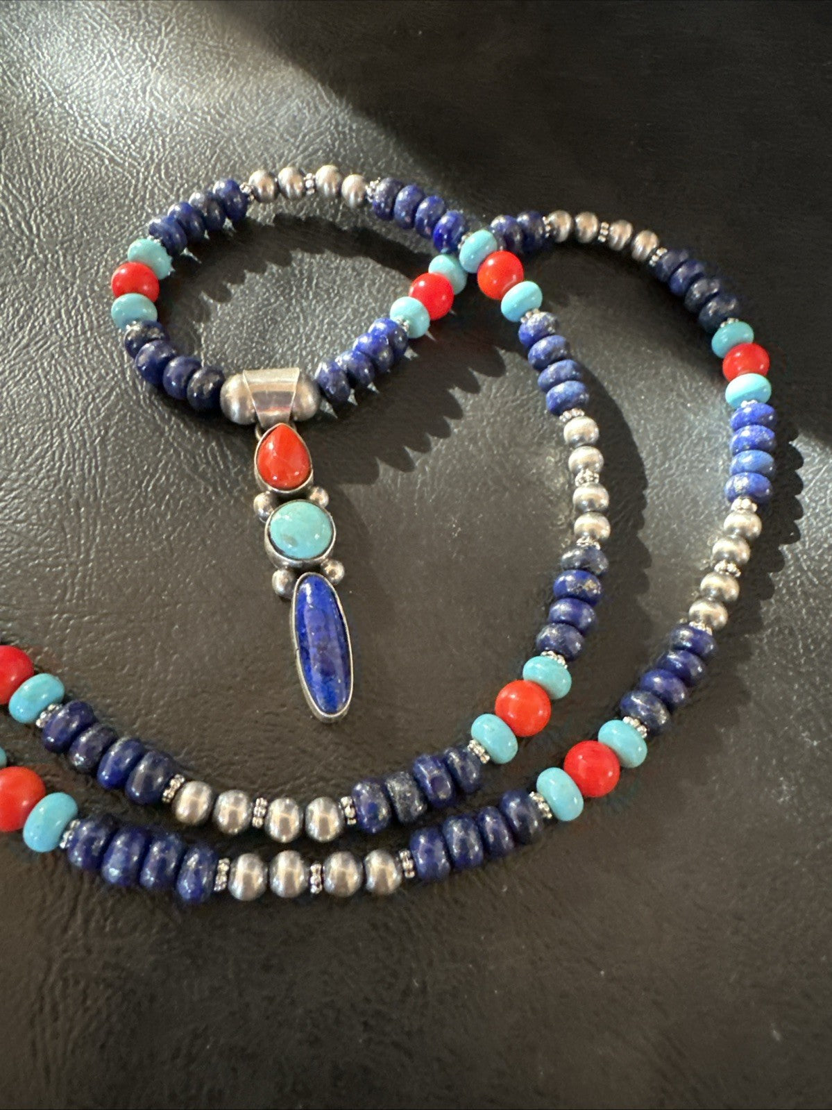 Multicolor Turquoise Spiny Navajo Sterling Silver Cluster Pendant Necklace 19647