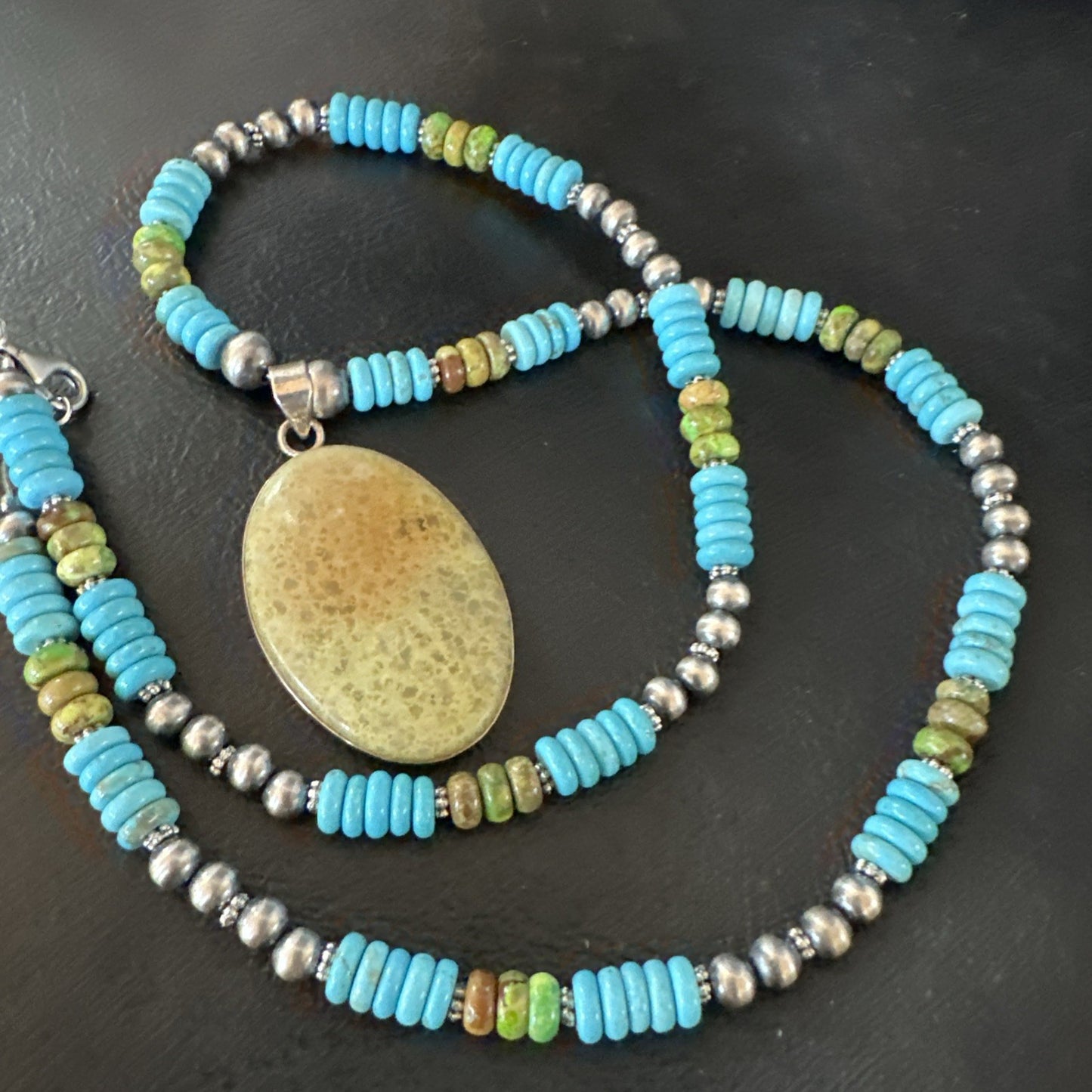 Green Gaspeite Pendant Blue Turquoise Navajo Sterling Silver Necklace 20" 19667