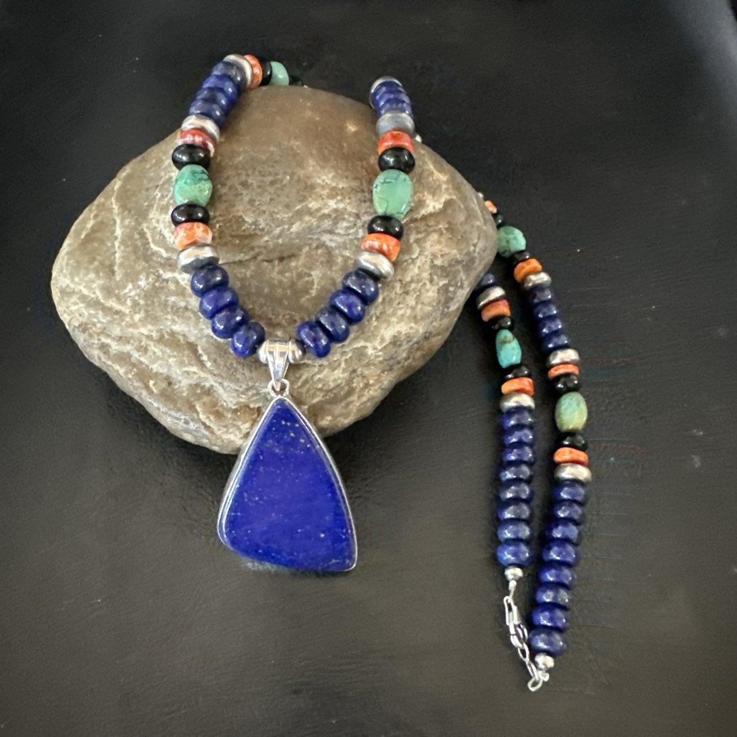 Lapis Turquoise Spiny Necklace Southwestern Sterling Silver Pendant 22” 19469