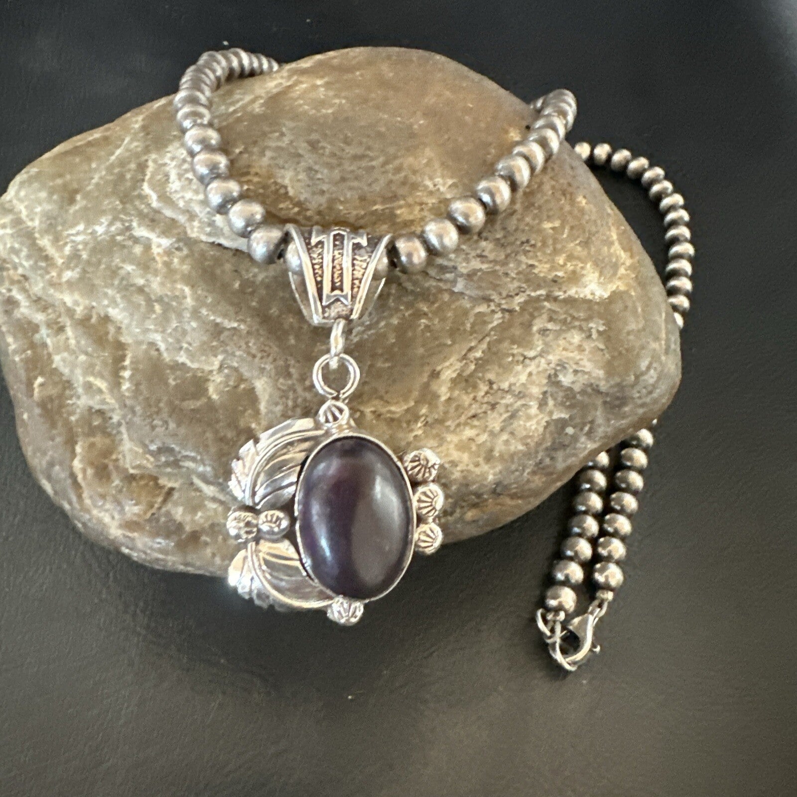 Purple Stone Pendant Navajo Pearls Sterling Silver Necklace 20” 18046