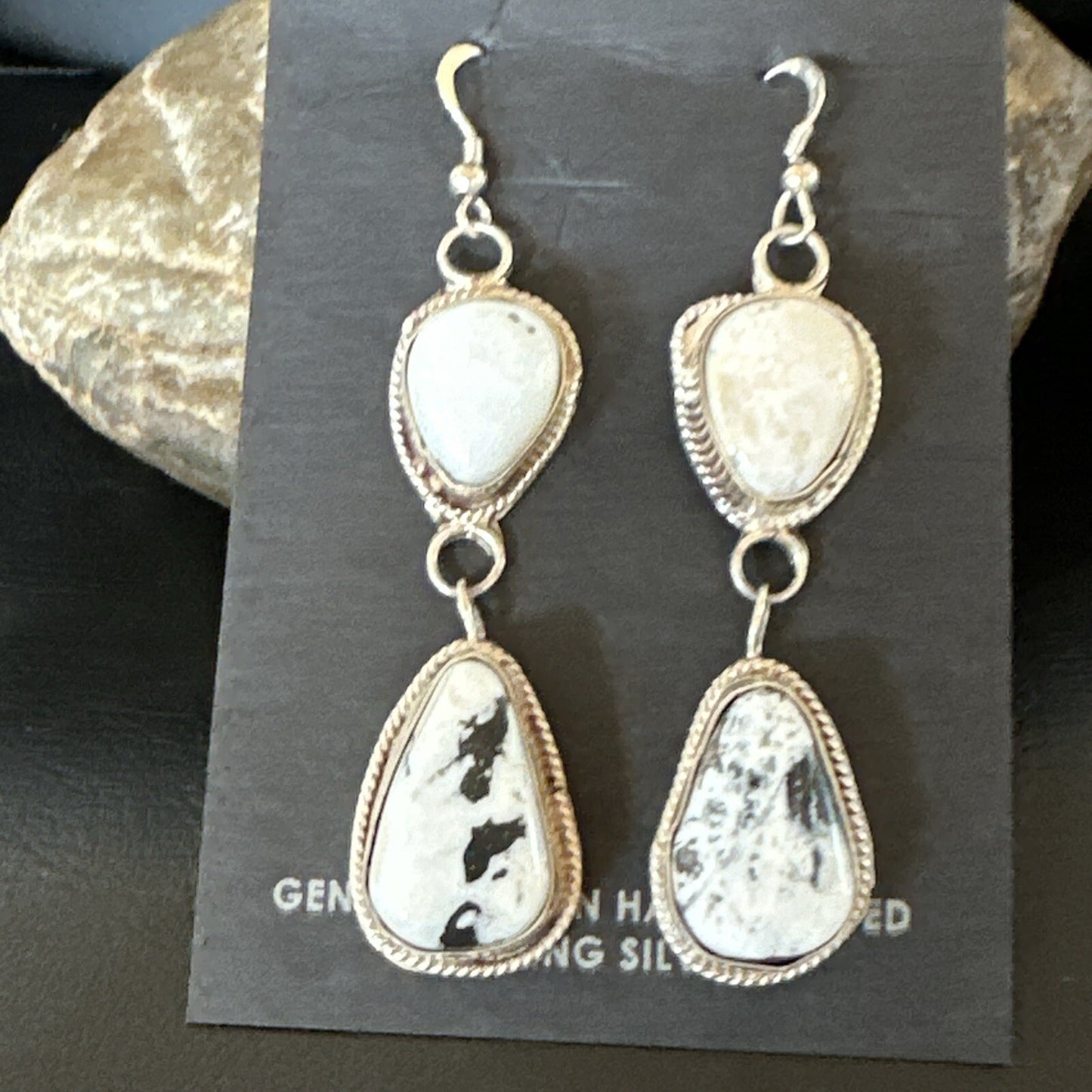 Womens White Buffalo Turquoise Navajo Sterling Silver Dangle Earrings 2” 17962