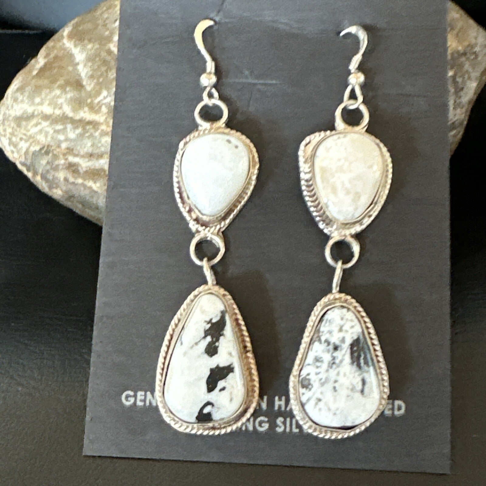 Womens White Buffalo Turquoise Navajo Sterling Silver Dangle Earrings 2” 17962
