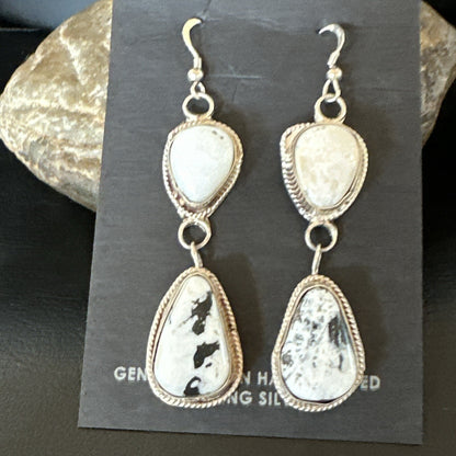 Womens White Buffalo Turquoise Navajo Sterling Silver Dangle Earrings 2” 17962
