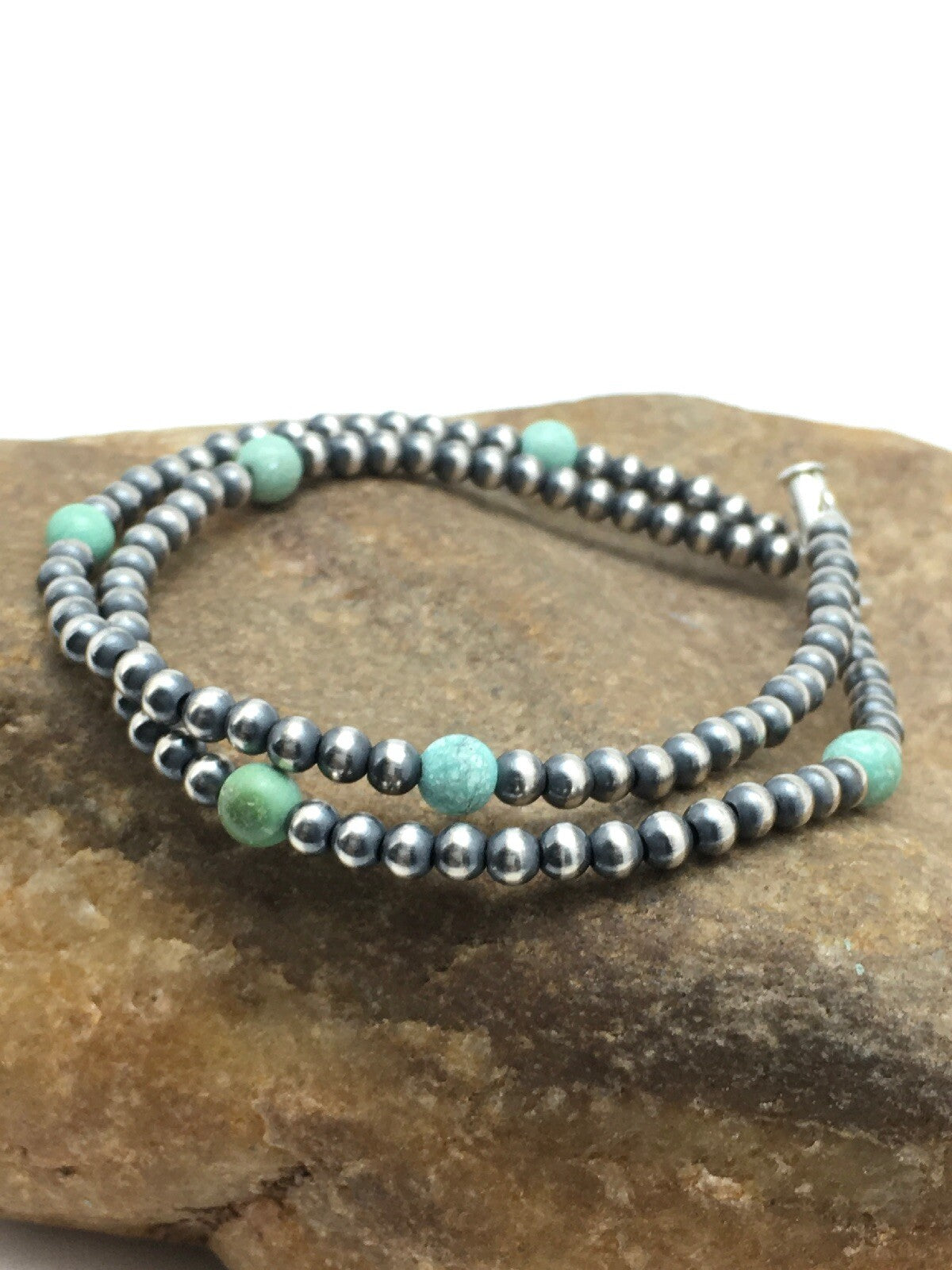 Blue Turquoise Bracelet Navajo Sterling Silver Beads 378