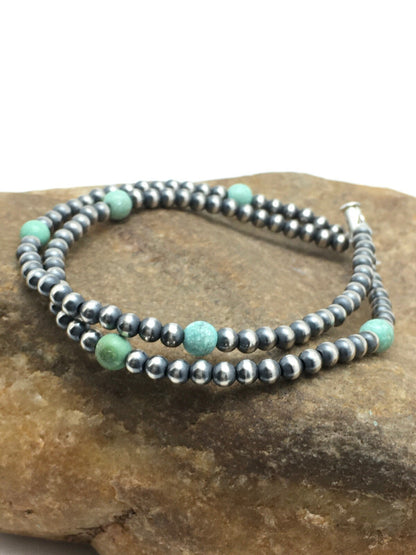 Blue Turquoise Bracelet Navajo Sterling Silver Beads 378